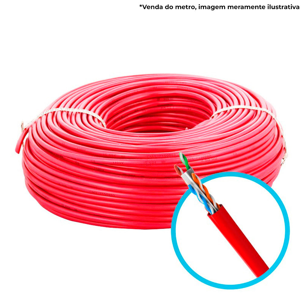 Metro de Cabo de Rede LAN 4PX24AWG CAT6 UTP -100% Cobre Wec, CM INT - Vermelho
